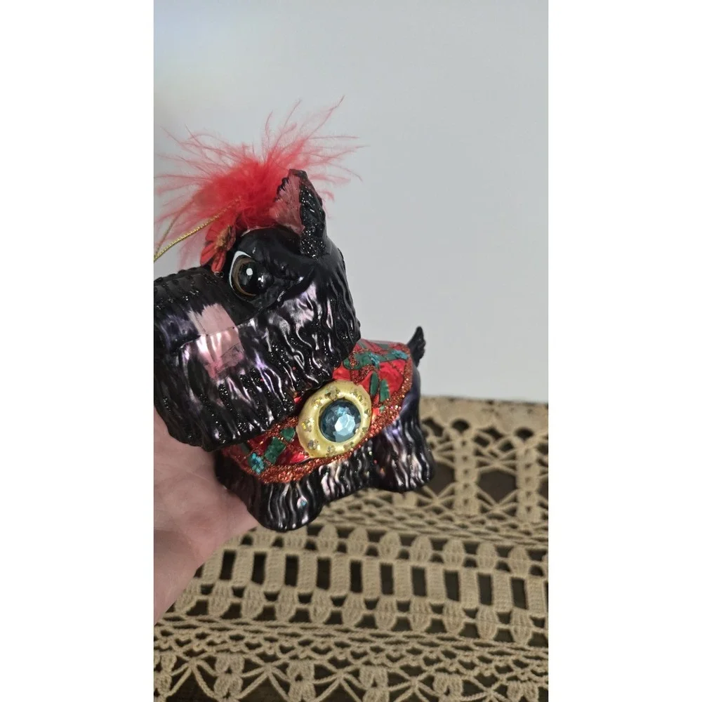 Vintage Style Scottie Dog Christmas Ornament Hand-Painted Glass Feather Top 6